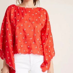 NWT Anthropologie Rehane Giulia Silk Blouse Red Embroidered - Small